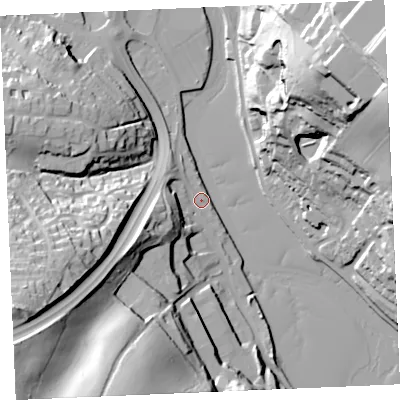 Shaded relief map of the ground around TR12DP, computed from Environment Agency LiDAR. The ground here sits at about 4 m above sea level and falls 59 m across the surrounding 800 m. Surface water reaching this point runs off ground lying to the north-east, 58.7 m higher.