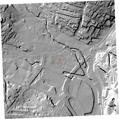 Shaded relief map of the ground around TR12ES, computed from Environment Agency LiDAR. The ground here sits at about 4 m above sea level and falls 43 m across the surrounding 800 m. Surface water reaching this point runs off ground lying to the west-north-west, 2.3 m higher.