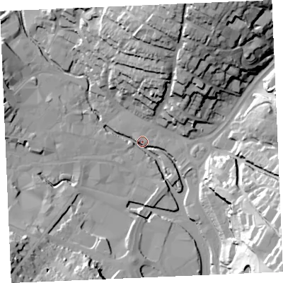 Shaded relief map of the ground around TR12FE, computed from Environment Agency LiDAR. The ground here sits at about 4 m above sea level and falls 51 m across the surrounding 800 m. Surface water reaching this point runs off ground lying to the north-north-east, 40.2 m higher.
