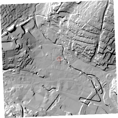 Shaded relief map of the ground around TR12FQ, computed from Environment Agency LiDAR. The ground here sits at about 4 m above sea level and falls 46 m across the surrounding 800 m. Surface water reaching this point runs off ground lying to the west, 8.9 m higher.