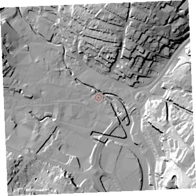 Shaded relief map of the ground around TR12GA, computed from Environment Agency LiDAR. The ground here sits at about 3 m above sea level and falls 51 m across the surrounding 800 m. Surface water reaching this point runs off ground lying to the north-north-east, 39.0 m higher.