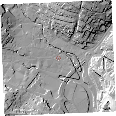 Shaded relief map of the ground around TR12HB, computed from Environment Agency LiDAR. The ground here sits at about 3 m above sea level and falls 47 m across the surrounding 800 m. Surface water reaching this point runs off ground lying to the west-north-west, 3.2 m higher.