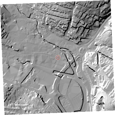 Shaded relief map of the ground around TR12HD, computed from Environment Agency LiDAR. The ground here sits at about 3 m above sea level and falls 51 m across the surrounding 800 m. Surface water reaching this point runs off ground lying to the west, 2.3 m higher.