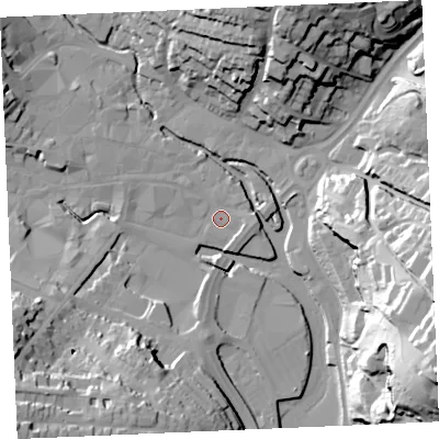 Shaded relief map of the ground around TR12HE, computed from Environment Agency LiDAR. The ground here sits at about 3 m above sea level and falls 53 m across the surrounding 800 m. Surface water reaching this point runs off ground lying to the west-north-west, 2.3 m higher.