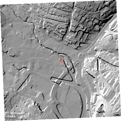 Shaded relief map of the ground around TR12HH, computed from Environment Agency LiDAR. The ground here sits at about 4 m above sea level and falls 54 m across the surrounding 800 m. Surface water reaching this point runs off ground lying to the north, 36.2 m higher.