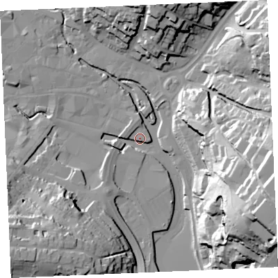 Shaded relief map of the ground around TR12HJ, computed from Environment Agency LiDAR. The ground here sits at about 3 m above sea level and falls 54 m across the surrounding 800 m. Surface water reaching this point runs off ground lying to the south-west, 27.3 m higher.