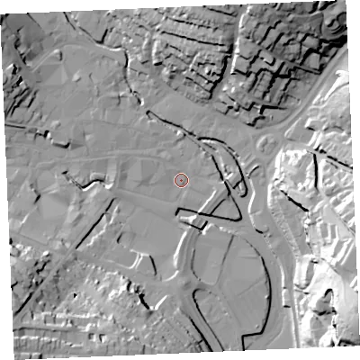 Shaded relief map of the ground around TR12LH, computed from Environment Agency LiDAR. The ground here sits at about 3 m above sea level and falls 48 m across the surrounding 800 m. Surface water reaching this point runs off ground lying to the west-north-west, 2.3 m higher.
