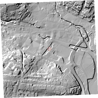 Shaded relief map of the ground around TR12LS, computed from Environment Agency LiDAR. The ground here sits at about 4 m above sea level and falls 45 m across the surrounding 800 m. Surface water reaching this point runs off ground lying to the south-west, 15.3 m higher.
