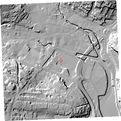 Shaded relief map of the ground around TR12LW, computed from Environment Agency LiDAR. The ground here sits at about 4 m above sea level and falls 39 m across the surrounding 800 m. Surface water reaching this point runs off ground lying to the south-west, 36.1 m higher.