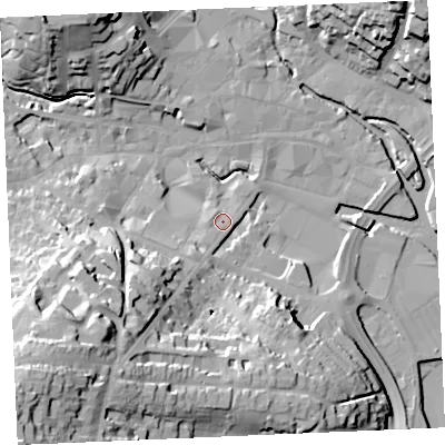 Shaded relief map of the ground around TR12PN, computed from Environment Agency LiDAR. The ground here sits at about 6 m above sea level and falls 48 m across the surrounding 800 m. Surface water reaching this point runs off ground lying to the south-west, 23.5 m higher.