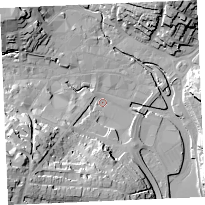 Shaded relief map of the ground around TR12PU, computed from Environment Agency LiDAR. The ground here sits at about 3 m above sea level and falls 39 m across the surrounding 800 m. Surface water reaching this point runs off ground lying to the south-west, 39.2 m higher.