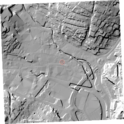 Shaded relief map of the ground around TR12QE, computed from Environment Agency LiDAR. The ground here sits at about 4 m above sea level and falls 41 m across the surrounding 800 m. Surface water reaching this point runs off ground lying to the west-north-west, 2.8 m higher.