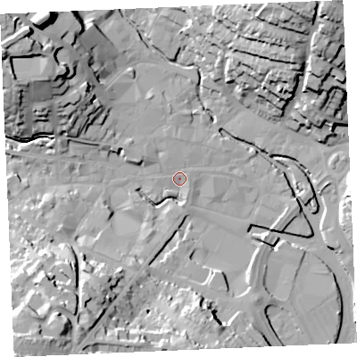 Shaded relief map of the ground around TR12QU, computed from Environment Agency LiDAR. The ground here sits at about 4 m above sea level and falls 41 m across the surrounding 800 m. Surface water reaching this point runs off ground lying to the south-west, 39.6 m higher.