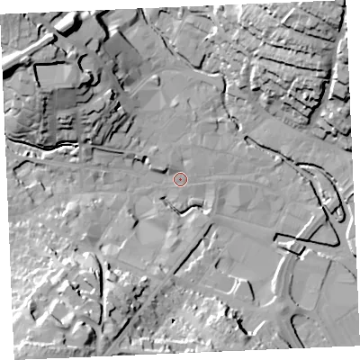 Shaded relief map of the ground around TR12RB, computed from Environment Agency LiDAR. The ground here sits at about 4 m above sea level and falls 41 m across the surrounding 800 m. Surface water reaching this point runs off ground lying to the south-west, 40.1 m higher.