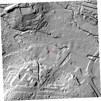 Shaded relief map of the ground around TR12RG, computed from Environment Agency LiDAR. The ground here sits at about 4 m above sea level and falls 48 m across the surrounding 800 m. Surface water reaching this point runs off ground lying to the south-south-west, 27.7 m higher.