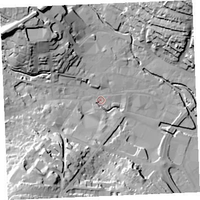 Shaded relief map of the ground around TR12RL, computed from Environment Agency LiDAR. The ground here sits at about 3 m above sea level and falls 43 m across the surrounding 800 m. Surface water reaching this point runs off ground lying to the south-south-west, 27.7 m higher.