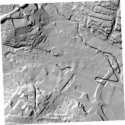 Shaded relief map of the ground around TR12RN, computed from Environment Agency LiDAR. The ground here sits at about 4 m above sea level and falls 43 m across the surrounding 800 m. Surface water reaching this point runs off ground lying to the south-south-west, 27.7 m higher.