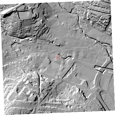 Shaded relief map of the ground around TR12RP, computed from Environment Agency LiDAR. The ground here sits at about 4 m above sea level and falls 46 m across the surrounding 800 m. Surface water reaching this point runs off ground lying to the south-south-west, 27.7 m higher.