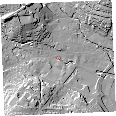 Shaded relief map of the ground around TR12RS, computed from Environment Agency LiDAR. The ground here sits at about 3 m above sea level and falls 44 m across the surrounding 800 m. Surface water reaching this point runs off ground lying to the south-south-west, 27.7 m higher.