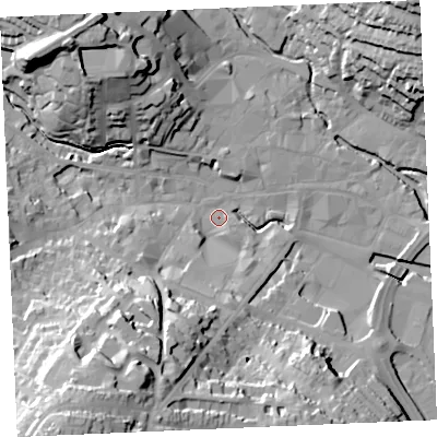 Shaded relief map of the ground around TR12RT, computed from Environment Agency LiDAR. The ground here sits at about 4 m above sea level and falls 46 m across the surrounding 800 m. Surface water reaching this point runs off ground lying to the south-south-west, 27.7 m higher.