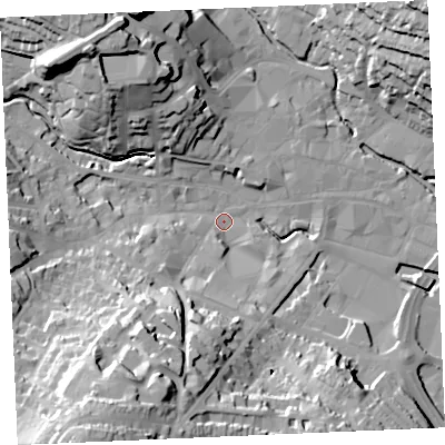 Shaded relief map of the ground around TR12RU, computed from Environment Agency LiDAR. The ground here sits at about 4 m above sea level and falls 45 m across the surrounding 800 m. Surface water reaching this point runs off ground lying to the south-south-west, 39.6 m higher.