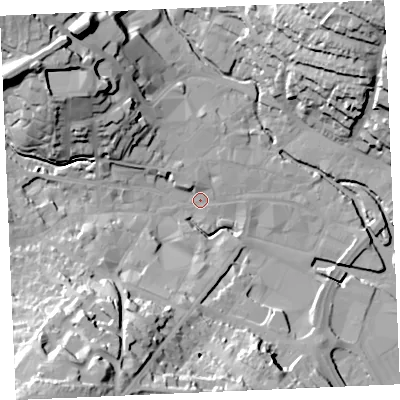 Shaded relief map of the ground around TR12RW, computed from Environment Agency LiDAR. The ground here sits at about 4 m above sea level and falls 41 m across the surrounding 800 m. Surface water reaching this point runs off ground lying to the south-west, 40.5 m higher.