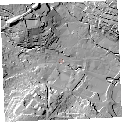 Shaded relief map of the ground around TR12RX, computed from Environment Agency LiDAR. The ground here sits at about 3 m above sea level and falls 41 m across the surrounding 800 m. Surface water reaching this point runs off ground lying to the south-south-west, 39.6 m higher.