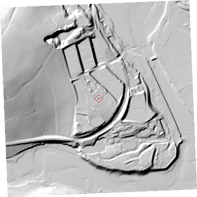 Shaded relief map of the ground around TR12RZ, computed from Environment Agency LiDAR. The ground here sits at about 31 m above sea level and falls 60 m across the surrounding 800 m. Surface water reaching this point runs off ground lying to the south-south-west, 3.4 m higher.