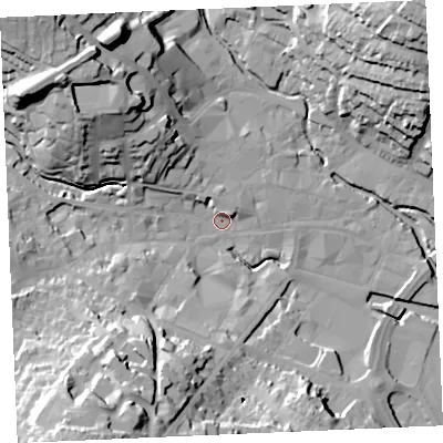 Shaded relief map of the ground around TR12SD, computed from Environment Agency LiDAR. The ground here sits at about 3 m above sea level and falls 40 m across the surrounding 800 m. Surface water reaching this point runs off ground lying to the south-west, 40.1 m higher.