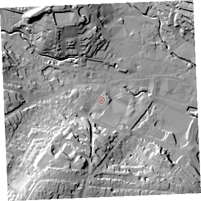 Shaded relief map of the ground around TR12SF, computed from Environment Agency LiDAR. The ground here sits at about 6 m above sea level and falls 49 m across the surrounding 800 m. Surface water reaching this point runs off ground lying to the south-south-west, 34.8 m higher.