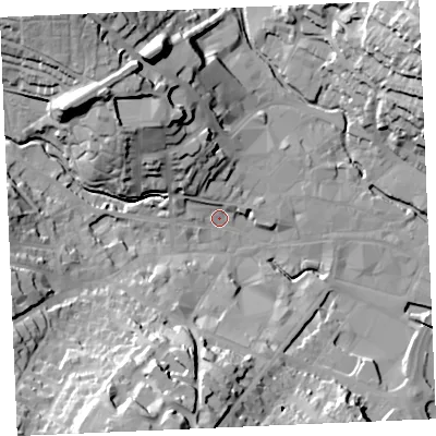 Shaded relief map of the ground around TR12SJ, computed from Environment Agency LiDAR. The ground here sits at about 4 m above sea level and falls 36 m across the surrounding 800 m. Surface water reaching this point runs off ground lying to the south-south-west, 36.2 m higher.