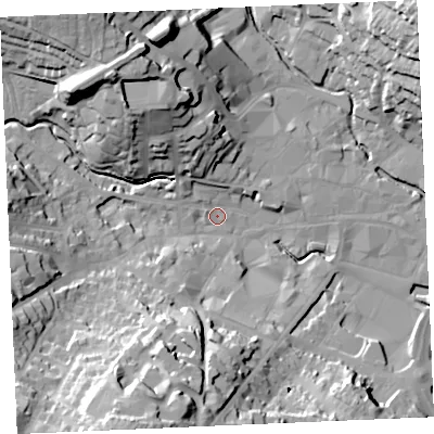 Shaded relief map of the ground around TR12SQ, computed from Environment Agency LiDAR. The ground here sits at about 4 m above sea level and falls 40 m across the surrounding 800 m. Surface water reaching this point runs off ground lying to the south-south-west, 40.1 m higher.