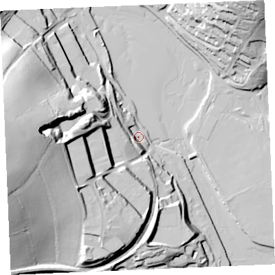 Shaded relief map of the ground around TR12SU, computed from Environment Agency LiDAR. The ground here sits at about 5 m above sea level and falls 58 m across the surrounding 800 m. Surface water reaching this point runs off ground lying to the west, 29.7 m higher.