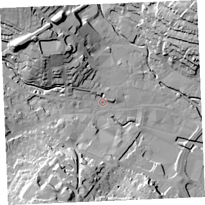 Shaded relief map of the ground around TR12TF, computed from Environment Agency LiDAR. The ground here sits at about 3 m above sea level and falls 40 m across the surrounding 800 m. Surface water reaching this point runs off ground lying to the south-west, 39.6 m higher.