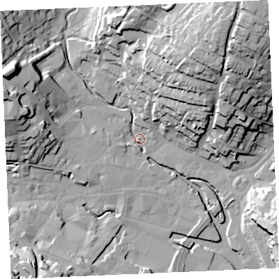 Shaded relief map of the ground around TR12UE, computed from Environment Agency LiDAR. The ground here sits at about 3 m above sea level and falls 46 m across the surrounding 800 m. Surface water reaching this point runs off ground lying to the north-east, 43.4 m higher.