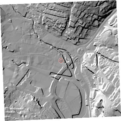 Shaded relief map of the ground around TR12UY, computed from Environment Agency LiDAR. The ground here sits at about 4 m above sea level and falls 54 m across the surrounding 800 m. Surface water reaching this point runs off ground lying to the south-east, 1.9 m higher.