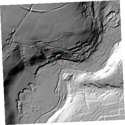Shaded relief map of the ground around TR130BY, computed from Environment Agency LiDAR. The ground here sits at about 21 m above sea level and falls 82 m across the surrounding 800 m. Surface water reaching this point runs off ground lying to the north, 71.0 m higher.