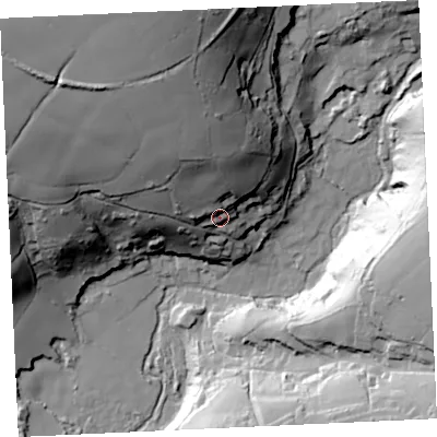 Shaded relief map of the ground around TR130BZ, computed from Environment Agency LiDAR. The ground here sits at about 46 m above sea level and falls 87 m across the surrounding 800 m. Surface water reaching this point runs off ground lying to the north-north-west, 36.8 m higher.