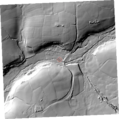 Shaded relief map of the ground around TR130ER, computed from Environment Agency LiDAR. The ground here sits at about 114 m above sea level and falls 33 m across the surrounding 800 m. Surface water reaching this point runs off ground lying to the north-north-east, 27.6 m higher.