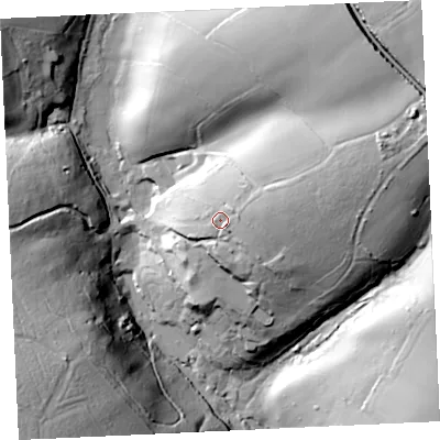 Shaded relief map of the ground around TR130FL, computed from Environment Agency LiDAR. The ground here sits at about 77 m above sea level and falls 61 m across the surrounding 800 m. Surface water reaching this point runs off ground lying to the east-north-east, 15.7 m higher.