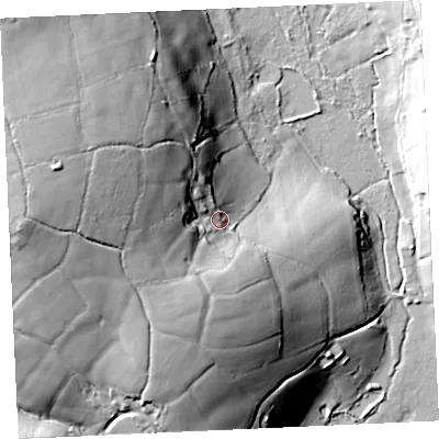 Shaded relief map of the ground around TR130HP, computed from Environment Agency LiDAR. The ground here sits at about 151 m above sea level and falls 58 m across the surrounding 800 m. Surface water reaching this point runs off ground lying to the west, 33.6 m higher.