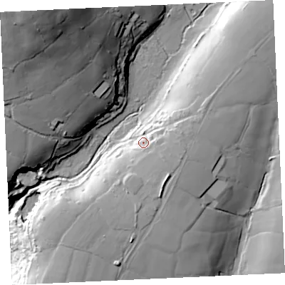 Shaded relief map of the ground around TR130LX, computed from Environment Agency LiDAR. The ground here sits at about 113 m above sea level and falls 80 m across the surrounding 800 m. Surface water reaching this point runs off ground lying to the east-south-east, 11.9 m higher.