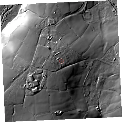 Shaded relief map of the ground around TR130NA, computed from Environment Agency LiDAR. The ground here sits at about 140 m above sea level and falls 35 m across the surrounding 800 m. Surface water reaching this point runs off ground lying to the west-south-west, 2.1 m higher.