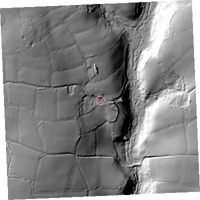 Shaded relief map of the ground around TR130NU, computed from Environment Agency LiDAR. The ground here sits at about 95 m above sea level and falls 57 m across the surrounding 800 m. Surface water reaching this point runs off ground lying to the north-west, 25.5 m higher.