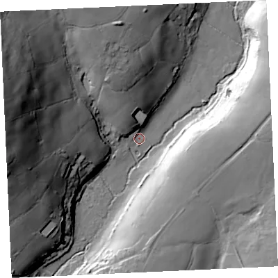 Shaded relief map of the ground around TR130PB, computed from Environment Agency LiDAR. The ground here sits at about 103 m above sea level and falls 59 m across the surrounding 800 m. Surface water reaching this point runs off ground lying to the north-north-west, 22.8 m higher.