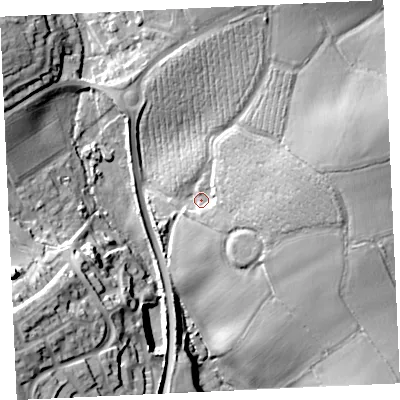 Shaded relief map of the ground around TR130PF, computed from Environment Agency LiDAR. The ground here sits at about 69 m above sea level and falls 33 m across the surrounding 800 m. Surface water reaching this point runs off ground lying to the east, 12.8 m higher.