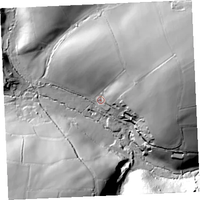 Shaded relief map of the ground around TR130QF, computed from Environment Agency LiDAR. The ground here sits at about 25 m above sea level and falls 60 m across the surrounding 800 m. Surface water reaching this point runs off ground lying to the east-north-east, 45.5 m higher.