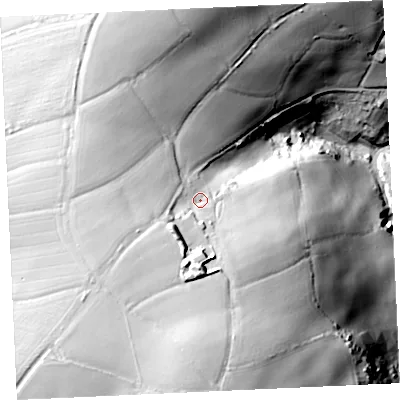Shaded relief map of the ground around TR130RA, computed from Environment Agency LiDAR. The ground here sits at about 59 m above sea level and falls 78 m across the surrounding 800 m. Surface water reaching this point runs off ground lying to the south-west, 13.4 m higher.