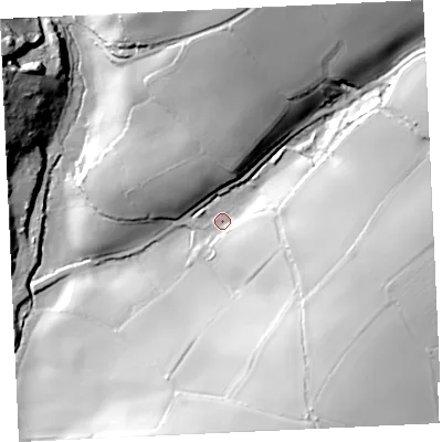 Shaded relief map of the ground around TR130RJ, computed from Environment Agency LiDAR. The ground here sits at about 32 m above sea level and falls 58 m across the surrounding 800 m. Surface water reaching this point runs off ground lying to the east-south-east, 41.3 m higher.