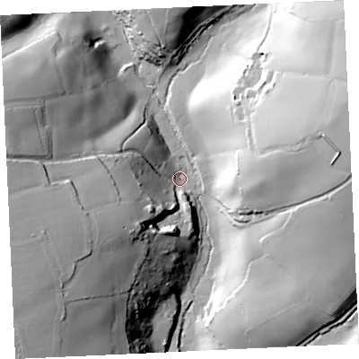 Shaded relief map of the ground around TR130RL, computed from Environment Agency LiDAR. The ground here sits at about 27 m above sea level and falls 64 m across the surrounding 800 m. Surface water reaching this point runs off ground lying to the west-south-west, 57.1 m higher.